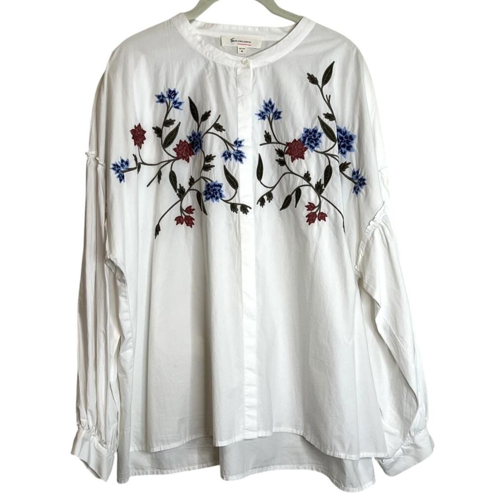 Two by Vince Camuto Womens Embroidered Peasant Blouse 2X White Cotton